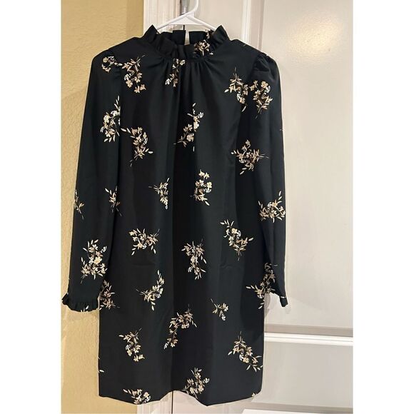 J Crew women’s printed black ruffleneck long sleeve shift dress size 00 NWT - Picture 1 of 10
